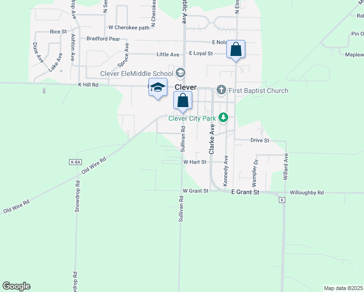 map of restaurants, bars, coffee shops, grocery stores, and more near 401-413 Sullivan Rd in Clever