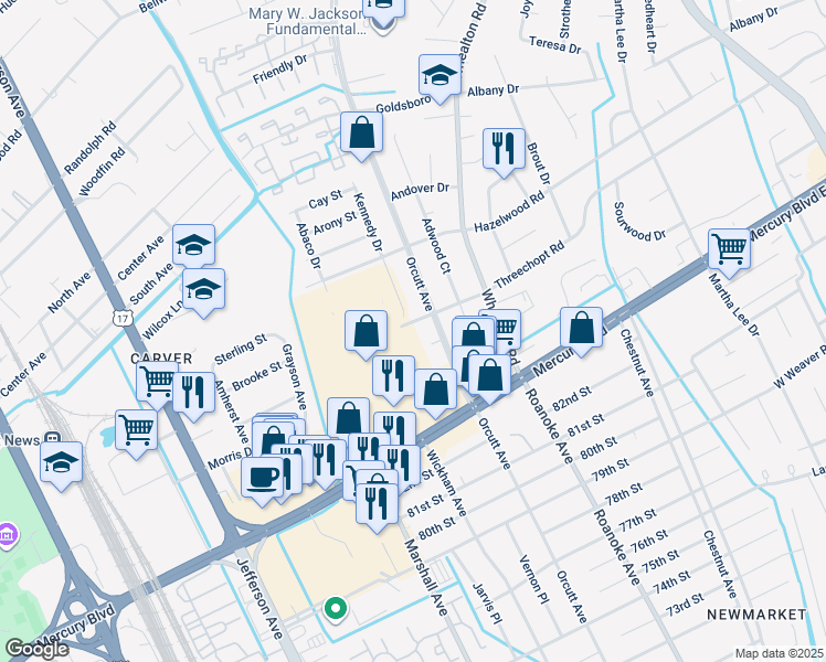 map of restaurants, bars, coffee shops, grocery stores, and more near 5007 Threechopt Road in Newport News