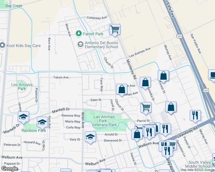 map of restaurants, bars, coffee shops, grocery stores, and more near 8942 Del Rio Circle in Gilroy