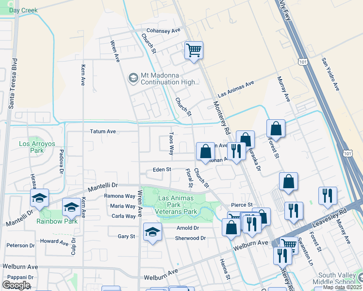 map of restaurants, bars, coffee shops, grocery stores, and more near 8942 Del Rio Circle in Gilroy