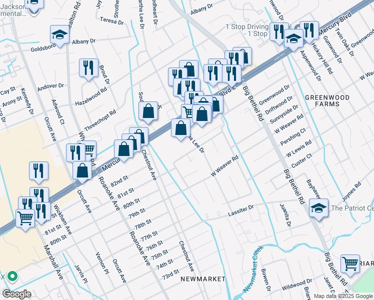 map of restaurants, bars, coffee shops, grocery stores, and more near 4106 Candlewood Drive in Hampton