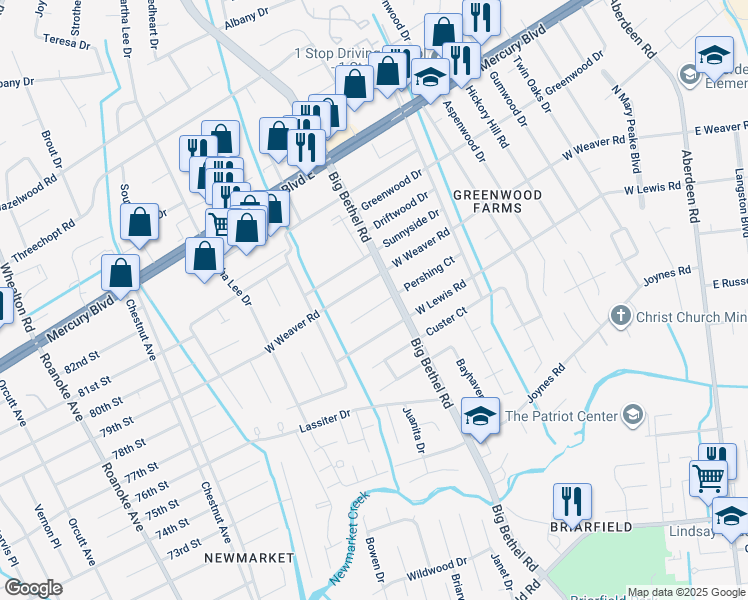 map of restaurants, bars, coffee shops, grocery stores, and more near 3404 Pershing Court in Hampton