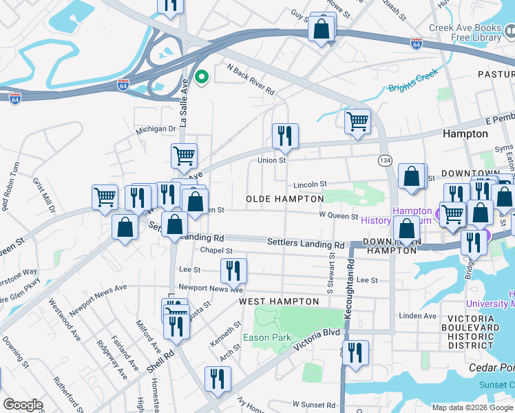 map of restaurants, bars, coffee shops, grocery stores, and more near 524 West Queen Street in Hampton