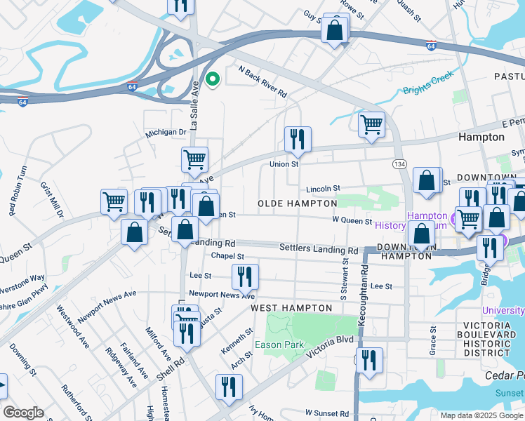 map of restaurants, bars, coffee shops, grocery stores, and more near 614 West Queen Street in Hampton