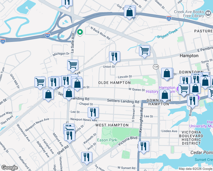 map of restaurants, bars, coffee shops, grocery stores, and more near 524 West Queen Street in Hampton