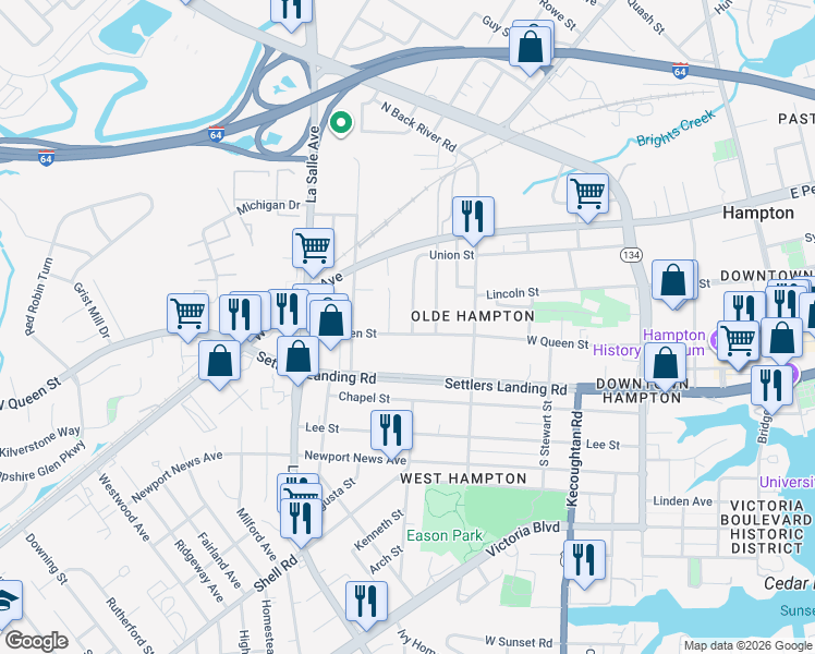 map of restaurants, bars, coffee shops, grocery stores, and more near 700 West Queen Street in Hampton