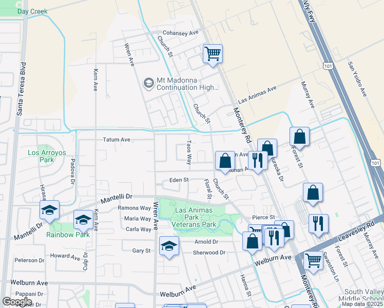 map of restaurants, bars, coffee shops, grocery stores, and more near 8930 Taos Way in Gilroy