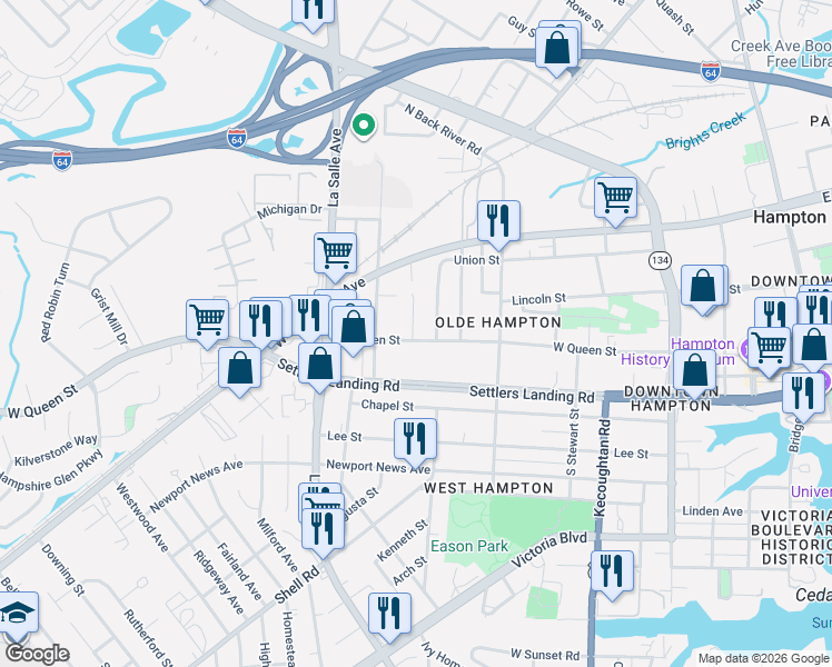 map of restaurants, bars, coffee shops, grocery stores, and more near 700 West Queen Street in Hampton
