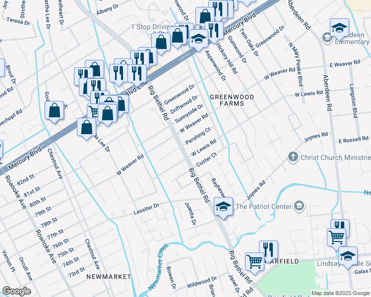 map of restaurants, bars, coffee shops, grocery stores, and more near 3327 Pershing Court in Hampton