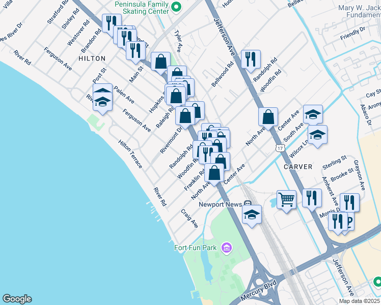 map of restaurants, bars, coffee shops, grocery stores, and more near 59 Woodfin Road in Newport News