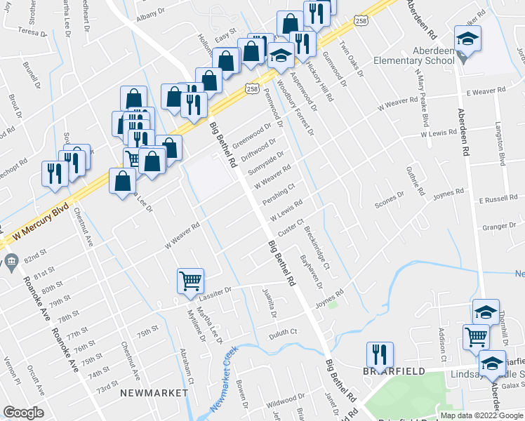 map of restaurants, bars, coffee shops, grocery stores, and more near 3327 Pershing Court in Hampton