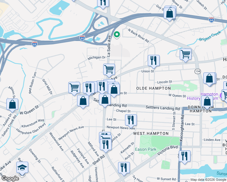 map of restaurants, bars, coffee shops, grocery stores, and more near 922 LaSalle Avenue in Hampton