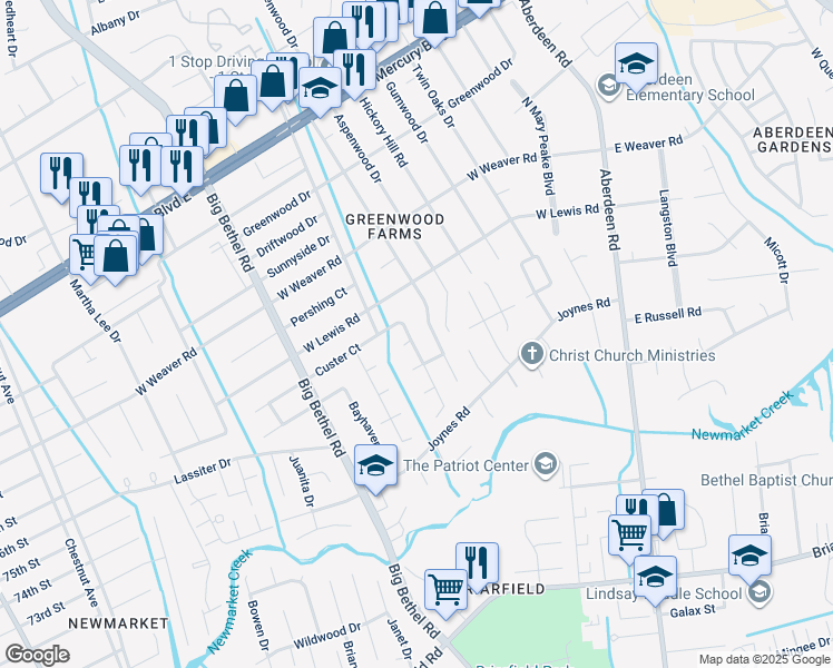 map of restaurants, bars, coffee shops, grocery stores, and more near 207 Eastfield Court in Hampton