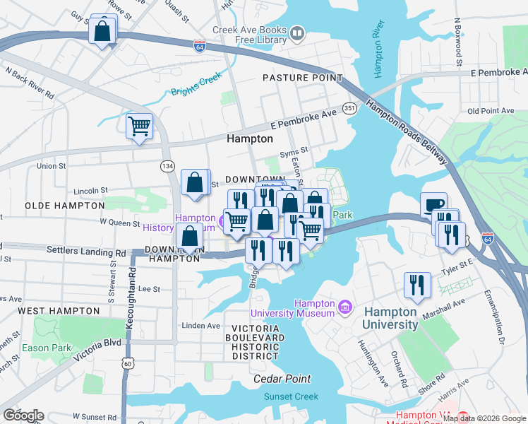 map of restaurants, bars, coffee shops, grocery stores, and more near 5 Kings Way in Hampton