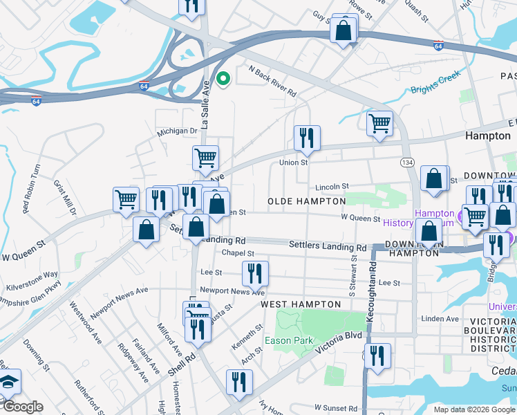 map of restaurants, bars, coffee shops, grocery stores, and more near 700 West Queen Street in Hampton