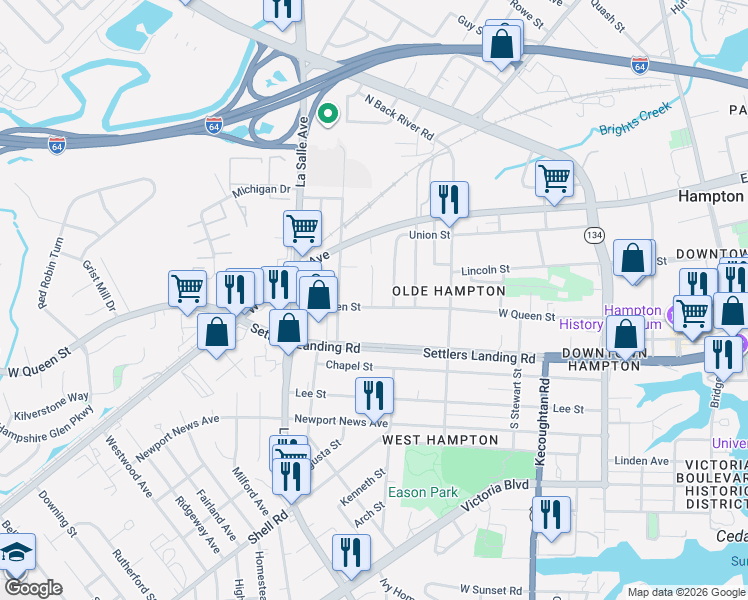 map of restaurants, bars, coffee shops, grocery stores, and more near 700 West Queen Street in Hampton