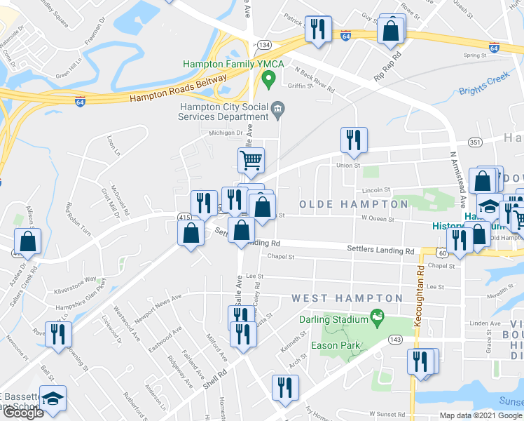 map of restaurants, bars, coffee shops, grocery stores, and more near 922 LaSalle Avenue in Hampton
