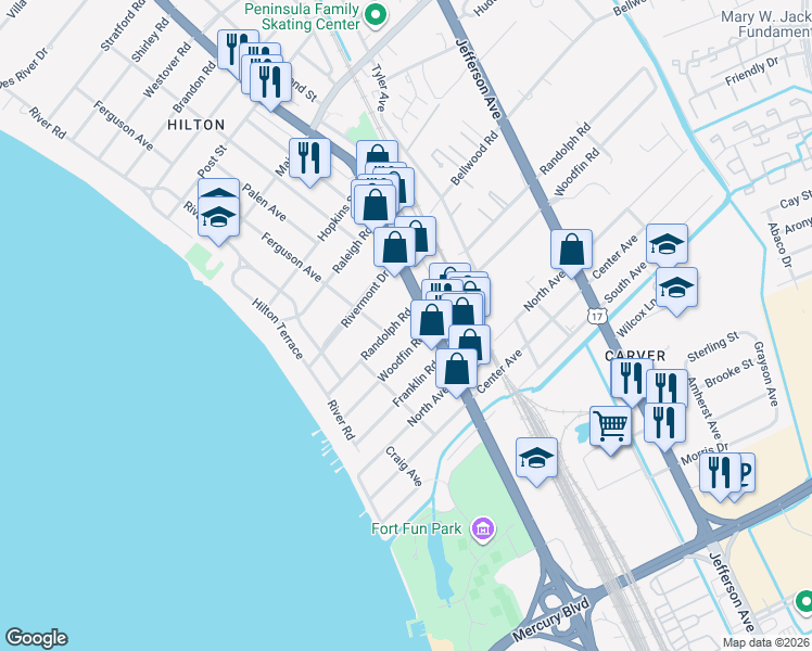 map of restaurants, bars, coffee shops, grocery stores, and more near 59 Woodfin Road in Newport News