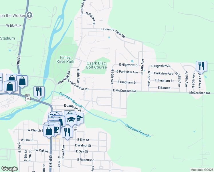map of restaurants, bars, coffee shops, grocery stores, and more near 709 East McCracken Road in Ozark