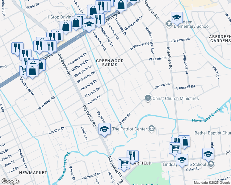 map of restaurants, bars, coffee shops, grocery stores, and more near 207 Eastfield Court in Hampton