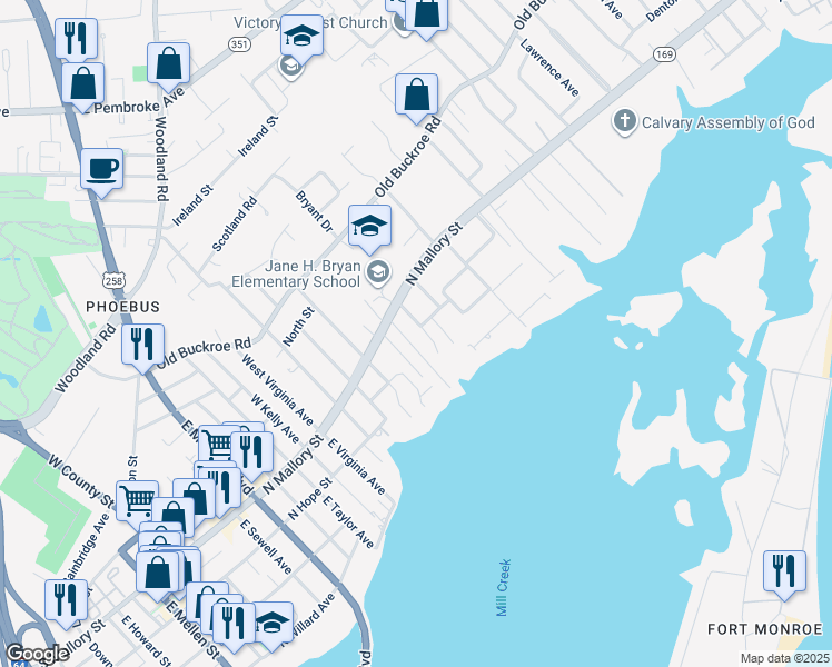 map of restaurants, bars, coffee shops, grocery stores, and more near 932 Wilson Lane in Hampton