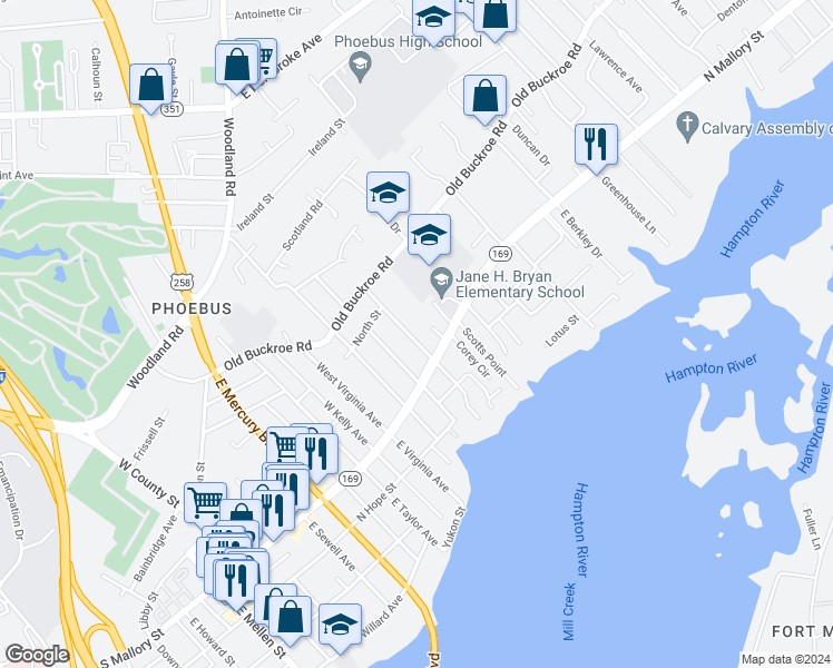 map of restaurants, bars, coffee shops, grocery stores, and more near 28 West Sherwood Avenue in Hampton