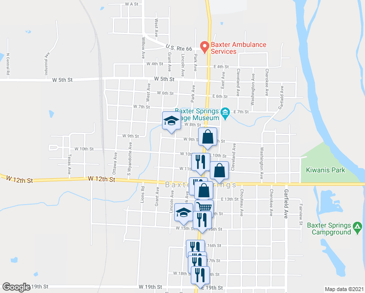 map of restaurants, bars, coffee shops, grocery stores, and more near 210 West 10th Street in Baxter Springs