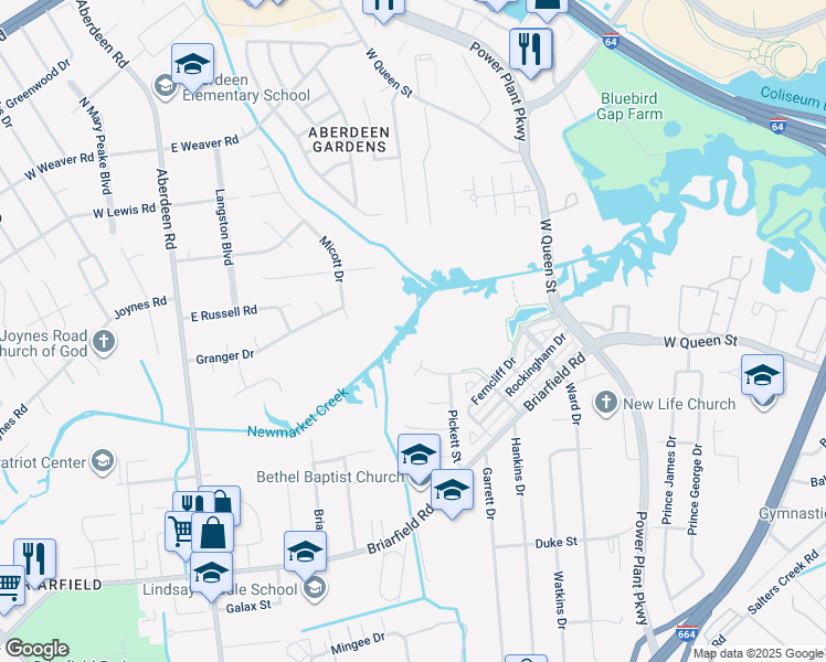 map of restaurants, bars, coffee shops, grocery stores, and more near Power Plant Parkway in Hampton