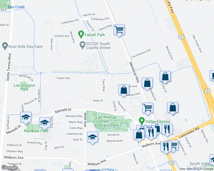 map of restaurants, bars, coffee shops, grocery stores, and more near 8931 Del Rio Circle in Gilroy