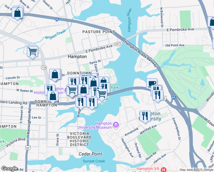 map of restaurants, bars, coffee shops, grocery stores, and more near 100 Eaton Street in Hampton