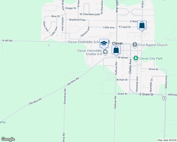 map of restaurants, bars, coffee shops, grocery stores, and more near Mop Road in Clever