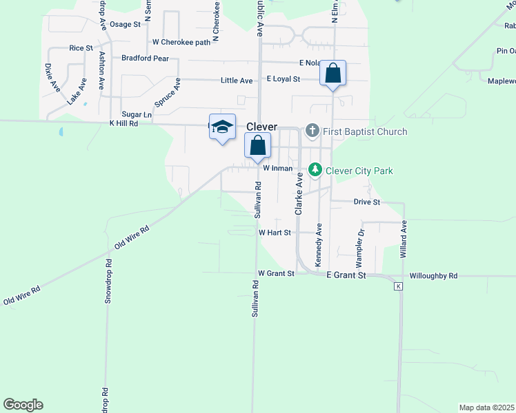 map of restaurants, bars, coffee shops, grocery stores, and more near 401 Sullivan Road in Clever