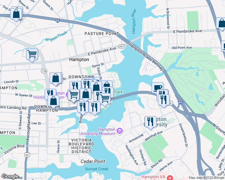 map of restaurants, bars, coffee shops, grocery stores, and more near 100 Eaton Street in Hampton