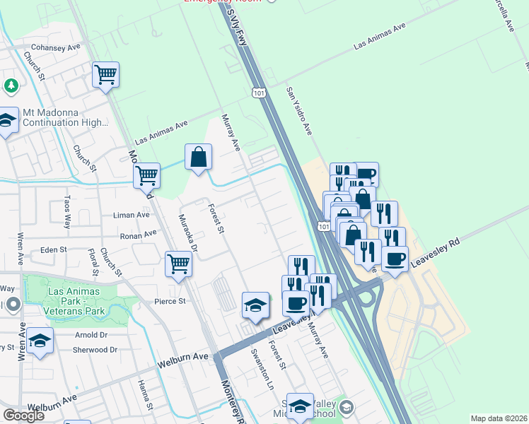 map of restaurants, bars, coffee shops, grocery stores, and more near 8875 Murray Avenue in Gilroy