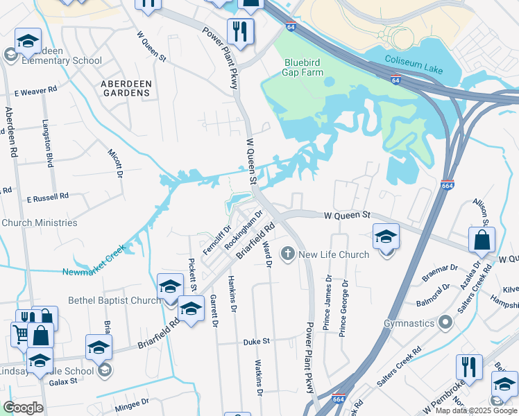 map of restaurants, bars, coffee shops, grocery stores, and more near 2 Rockingham Drive in Hampton