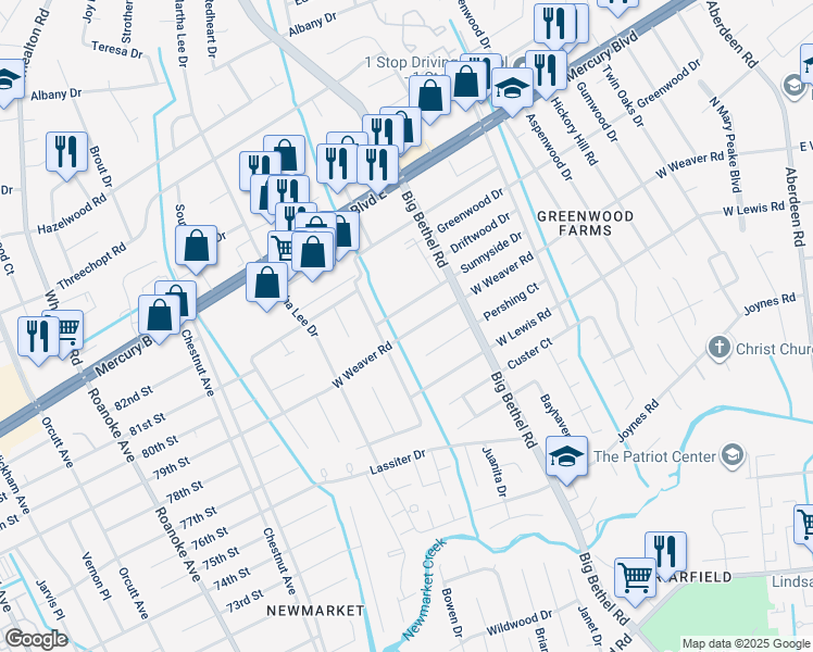 map of restaurants, bars, coffee shops, grocery stores, and more near 3418 West Weaver Road in Hampton