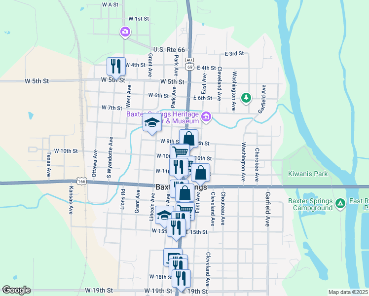 map of restaurants, bars, coffee shops, grocery stores, and more near 100 West 10th Street in Baxter Springs