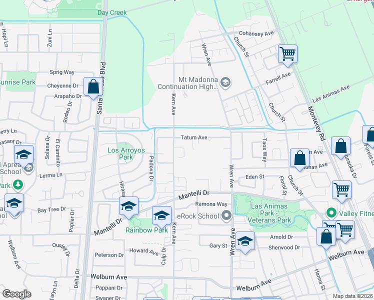 map of restaurants, bars, coffee shops, grocery stores, and more near 9182 Wickham Court in Gilroy