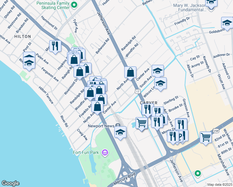map of restaurants, bars, coffee shops, grocery stores, and more near 500 North Avenue in Newport News