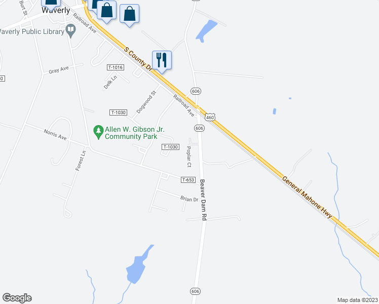 map of restaurants, bars, coffee shops, grocery stores, and more near 224 Beaver Dam Road in Waverly
