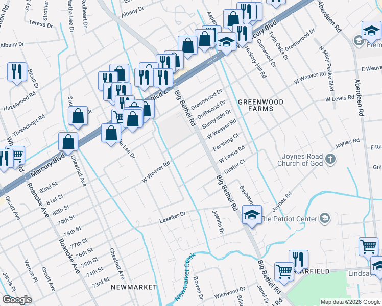 map of restaurants, bars, coffee shops, grocery stores, and more near 3403 Pershing Court in Hampton
