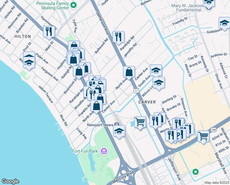 map of restaurants, bars, coffee shops, grocery stores, and more near 501 Center Avenue in Newport News