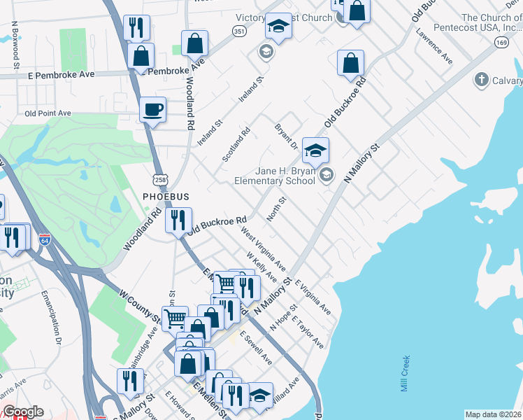 map of restaurants, bars, coffee shops, grocery stores, and more near 54 East Chamberlin Avenue in Hampton