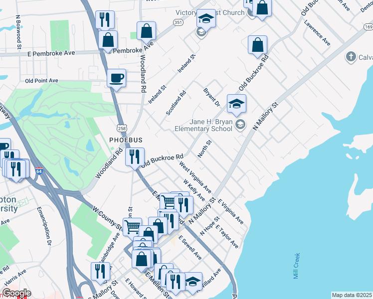 map of restaurants, bars, coffee shops, grocery stores, and more near 615 Old Buckroe Road in Hampton