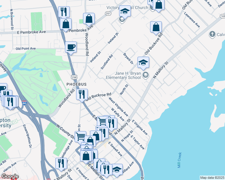 map of restaurants, bars, coffee shops, grocery stores, and more near 615 Old Buckroe Road in Hampton