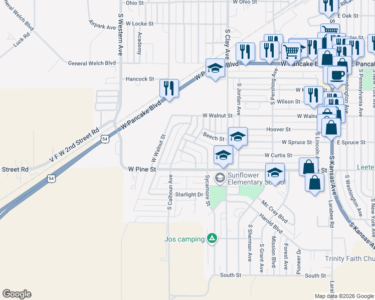 map of restaurants, bars, coffee shops, grocery stores, and more near 806-824 Poplar Street in Liberal