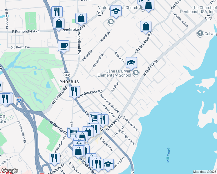 map of restaurants, bars, coffee shops, grocery stores, and more near 54 East Chamberlin Avenue in Hampton