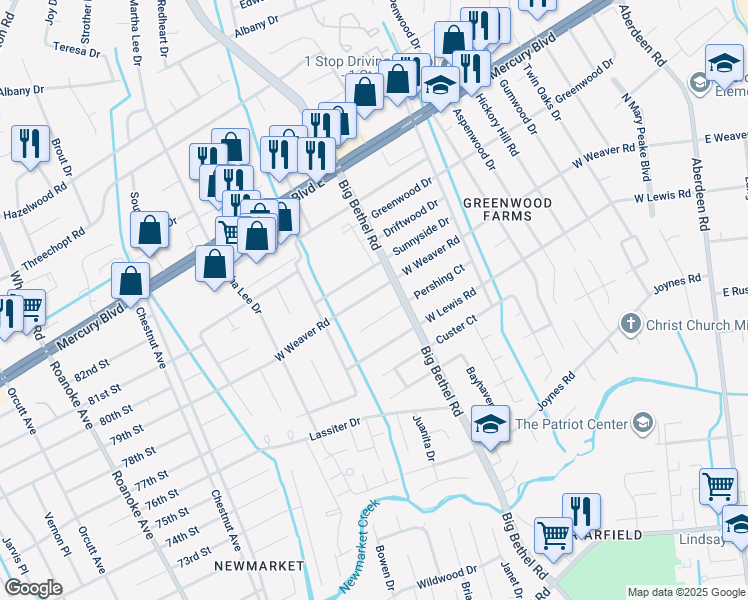 map of restaurants, bars, coffee shops, grocery stores, and more near 3407 West Weaver Road in Hampton