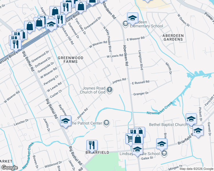 map of restaurants, bars, coffee shops, grocery stores, and more near 40 Joynes Road in Hampton