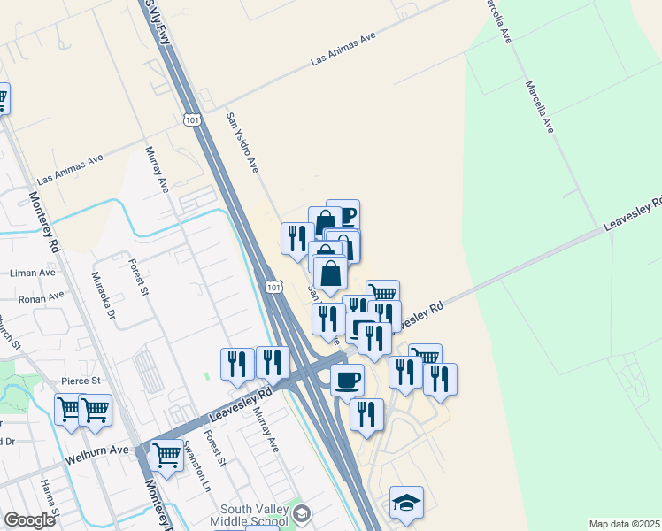 map of restaurants, bars, coffee shops, grocery stores, and more near 8620 San Ysidro Avenue in Gilroy